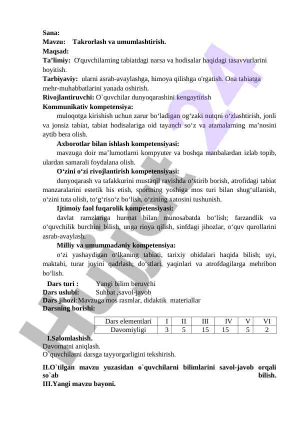 Takrorlash va umumlashtirish mavzusi ta'limi