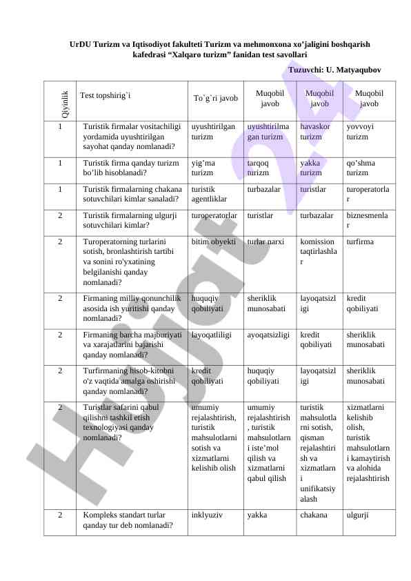 Xalqaro turizm fanidan test savollari
