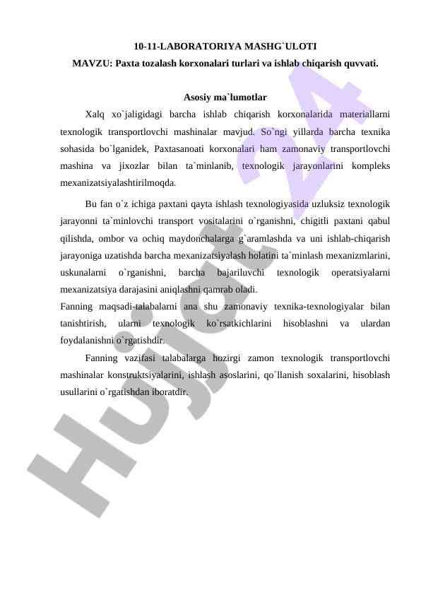 Paxta tozalash korxonalari va ishlab chiqarish quvvati