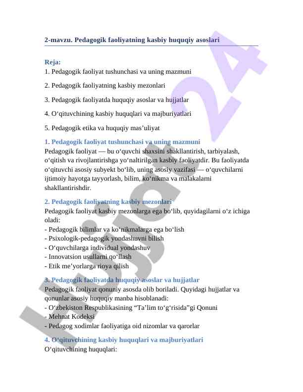 Pedagogik faoliyatning kasbiy huquqiy asoslari