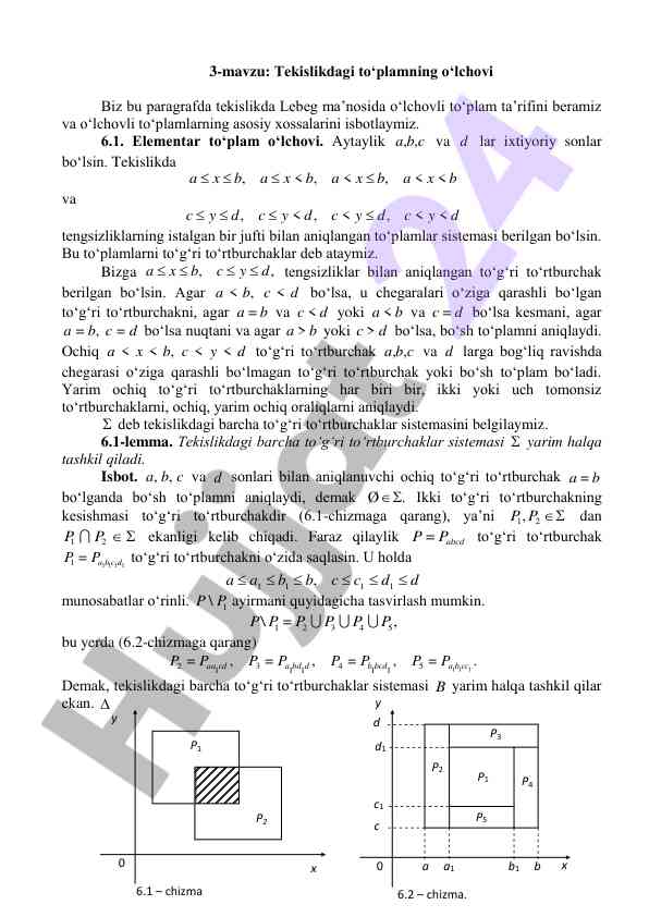 Tekislikdagi to‘plamning o‘lchovi va asosiy xossalari