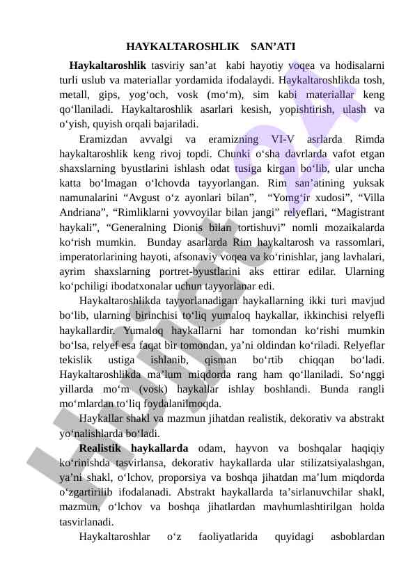 Haykaltaroshlik san’ati va materiallar