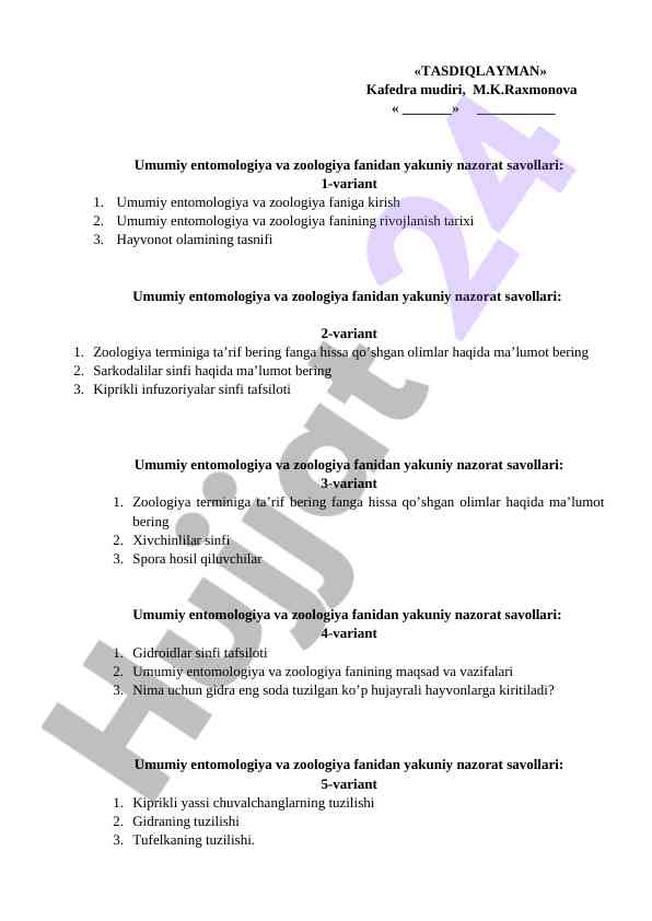 Umumiy entomologiya va zoologiya savollari