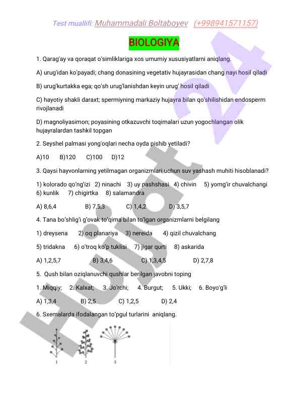 Biologiya test savollari va javoblari