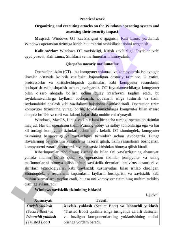 Windows ot xavfsizligini o‘rganish va hujum tashkil qilish