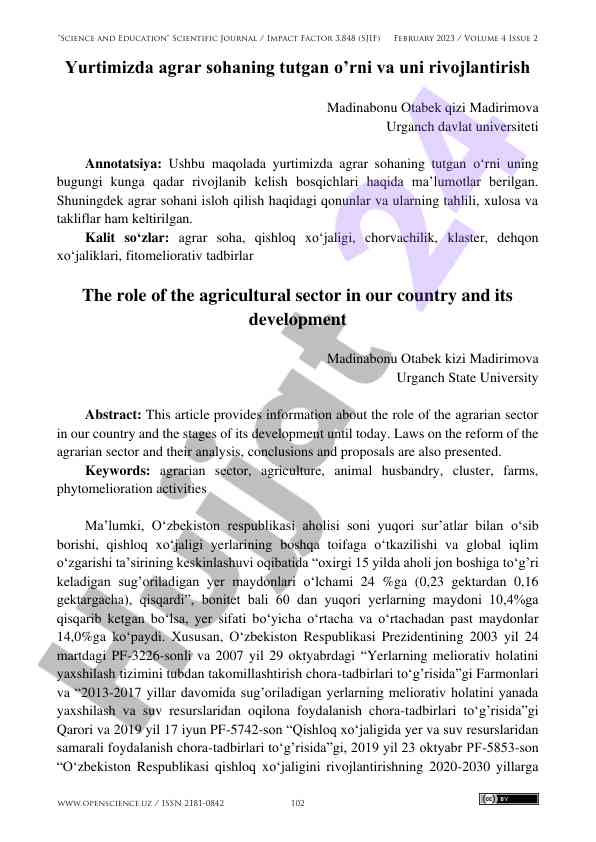 Agrar sohada rivojlanish va islohotlar tahlili