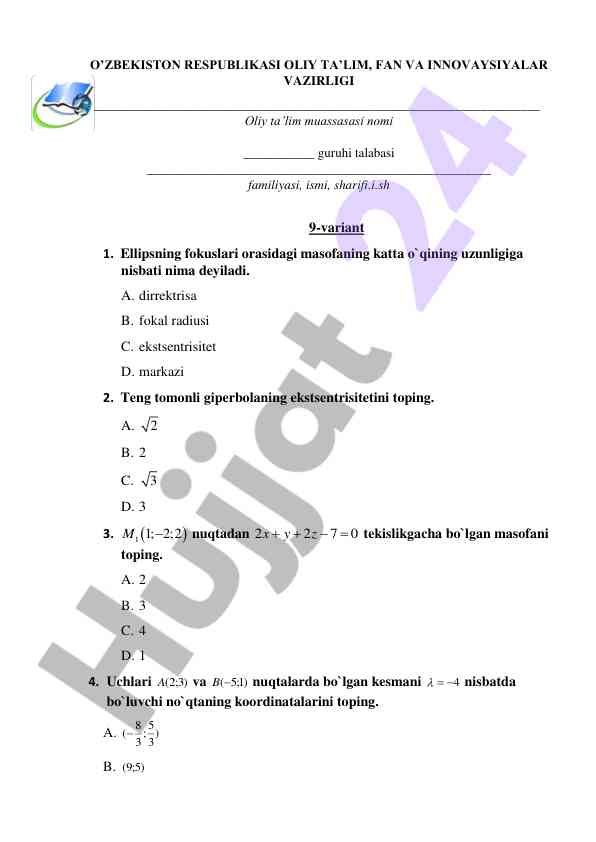 Matematika testlari ellips va giperbola