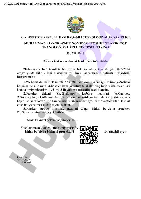 Kiberxavfsizlik fakulteti bitiruv ishlari mavzulari