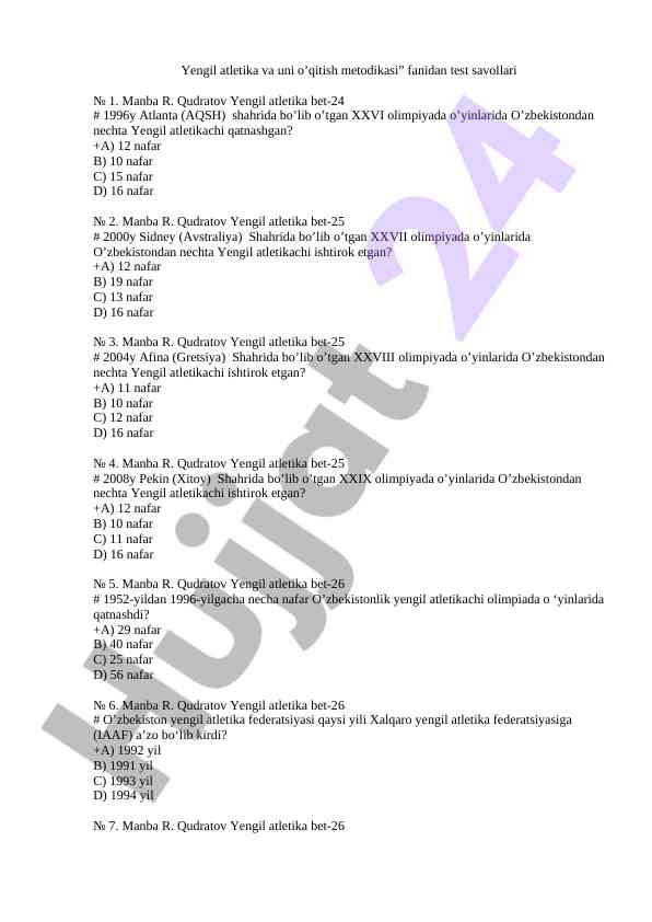 Yengil atletika o'qitish metodikasi test savollari