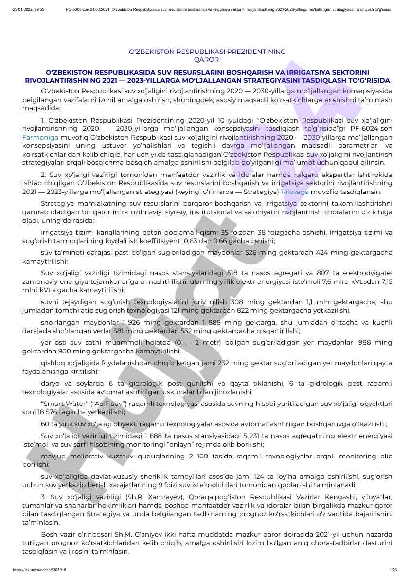 Suv resurslarini boshqarish strategiyasi 2021-2023