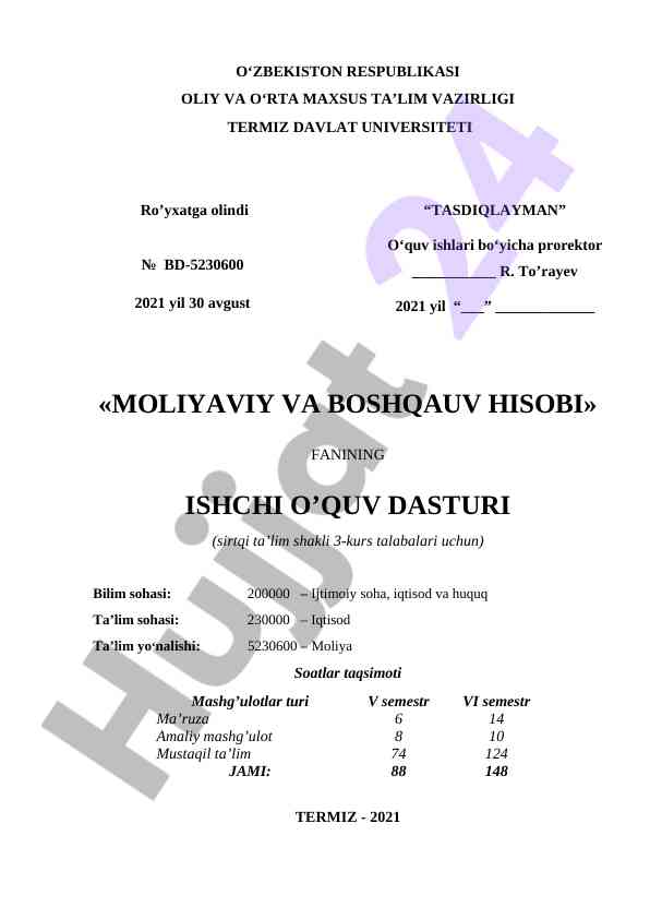 Moliya fani uchin ishchi o‘quv dasturi 2021
