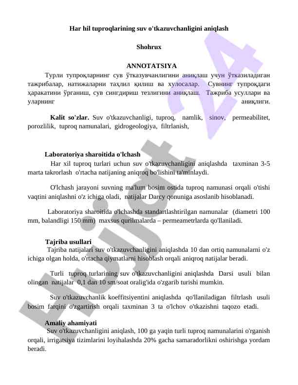 Suv o'tkazuvchanligini aniqlash taqdimoti