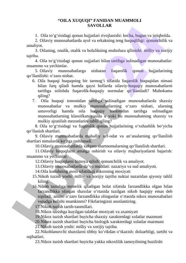 Oila huquqi va fuqarolik qonun hujjatlari tahlili