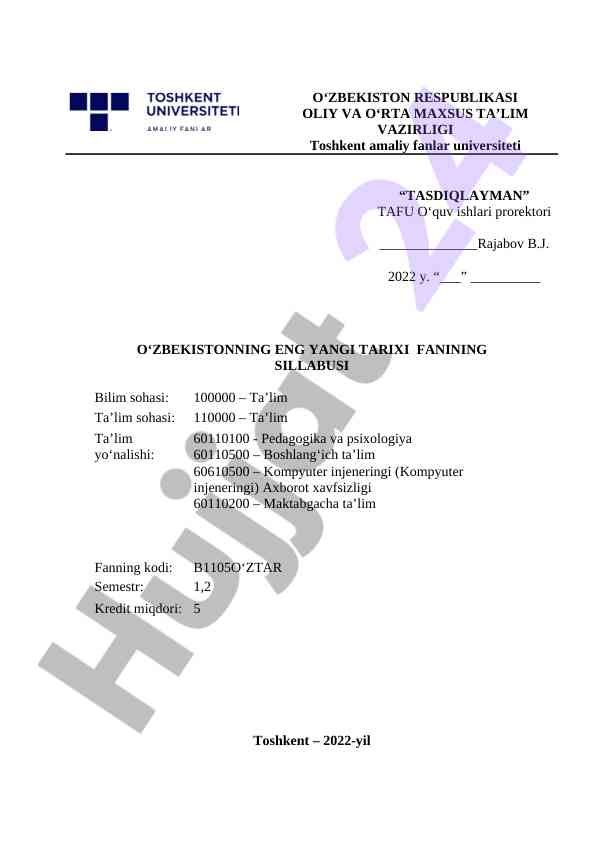 O‘zbekistonning eng yangi tarixi fani sillabusi