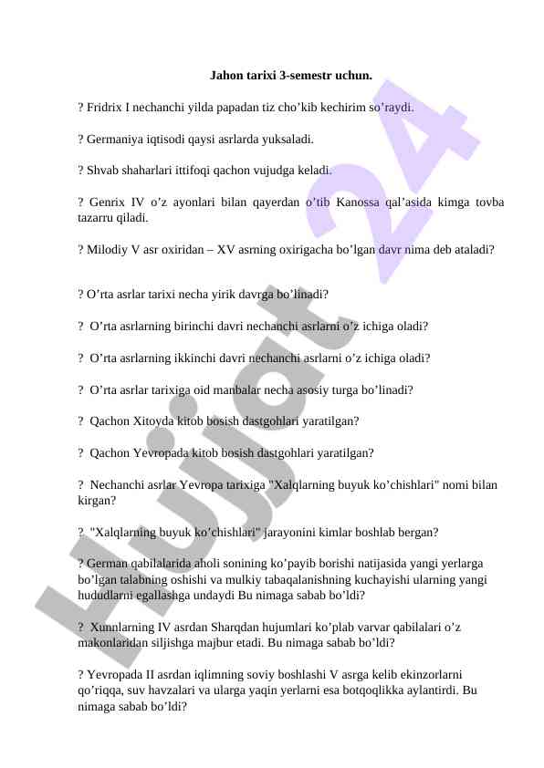 O’rta asrlar tarixi savol va javoblar