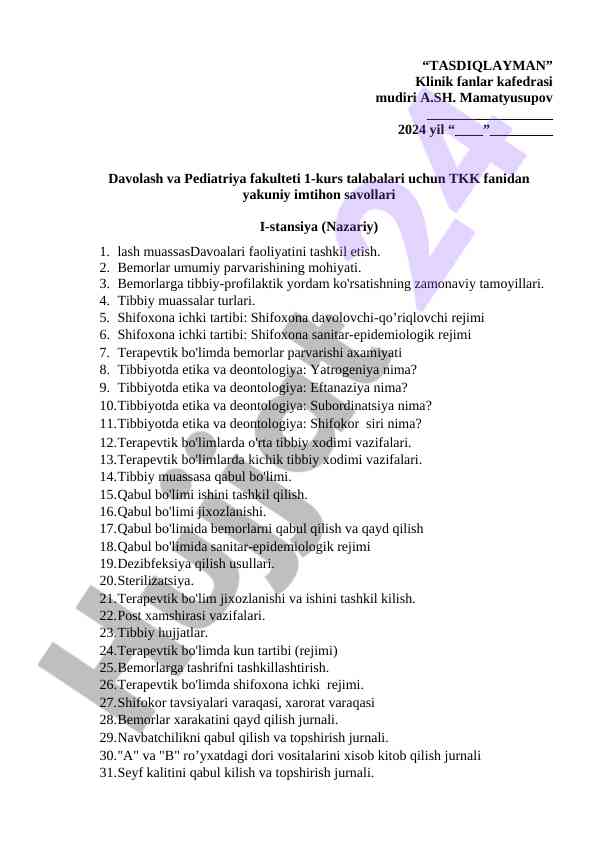 Davolash va pediatriya fakulteti tkk imtihon savollari
