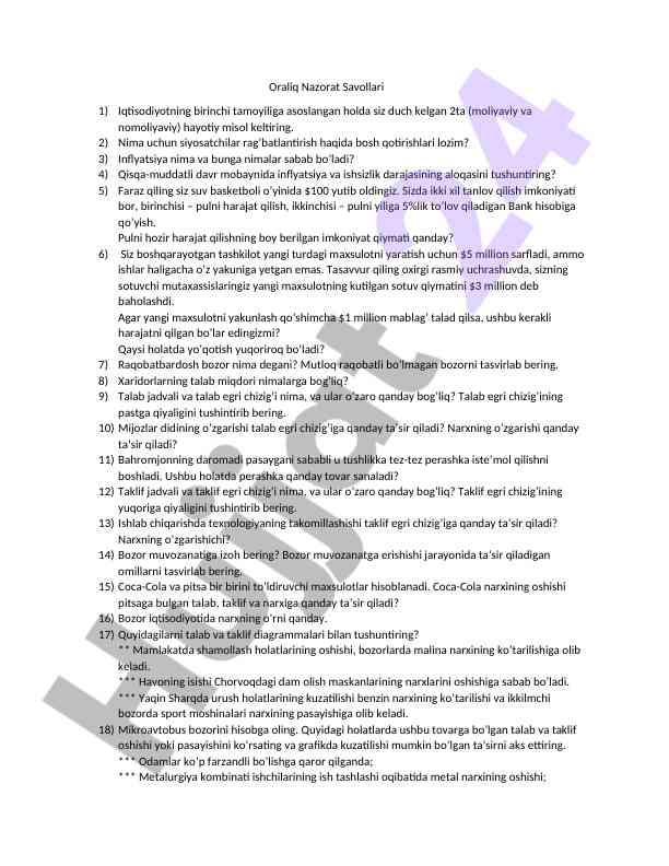 Iqtisodiyotda inflyatsiya va ishsizlik darajasi