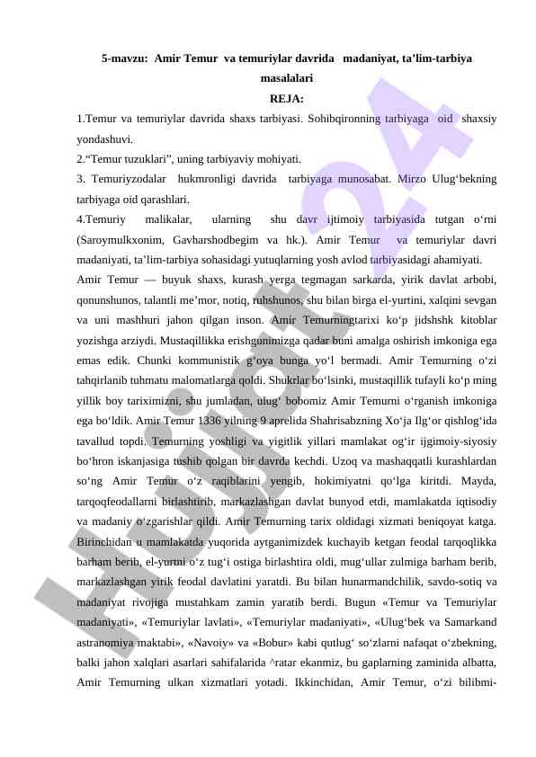 Amir temur va temuriylar davrida madaniyat masalalari