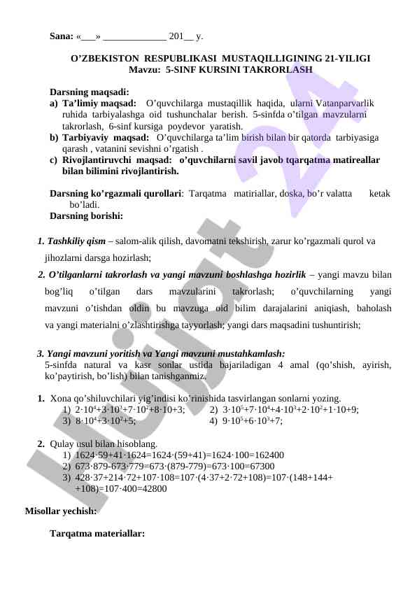 5-sinfda mustaqillik mavzusini takrorlash darsi