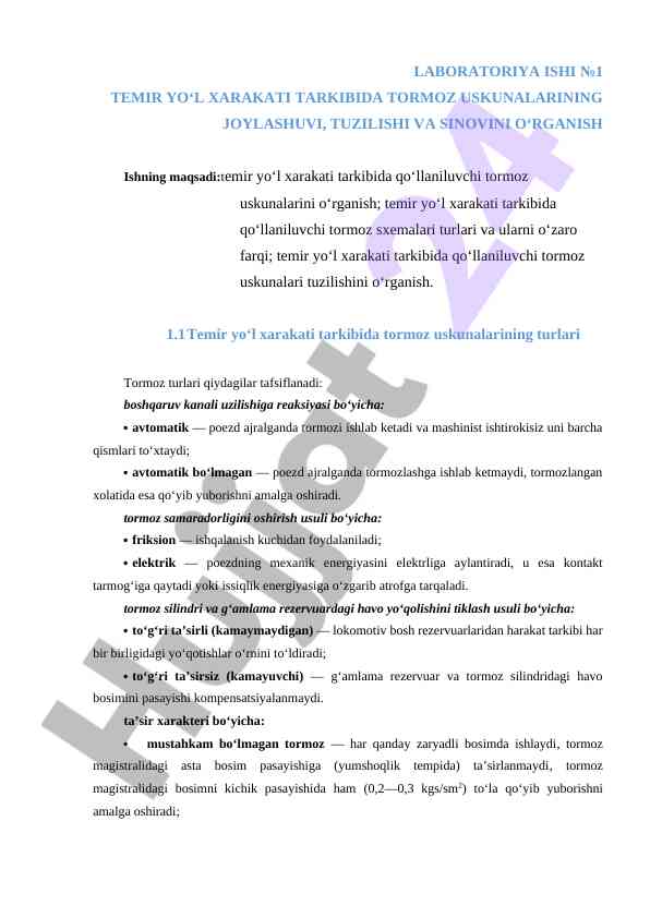 Temir yo‘l harakati tarkibida tormoz uskunalarini o‘rganish