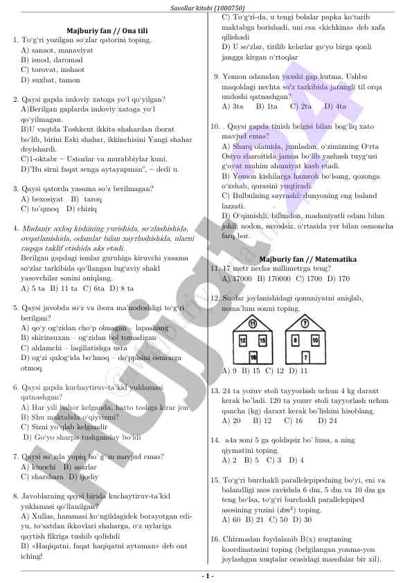 Ona tili test savollari va javoblar