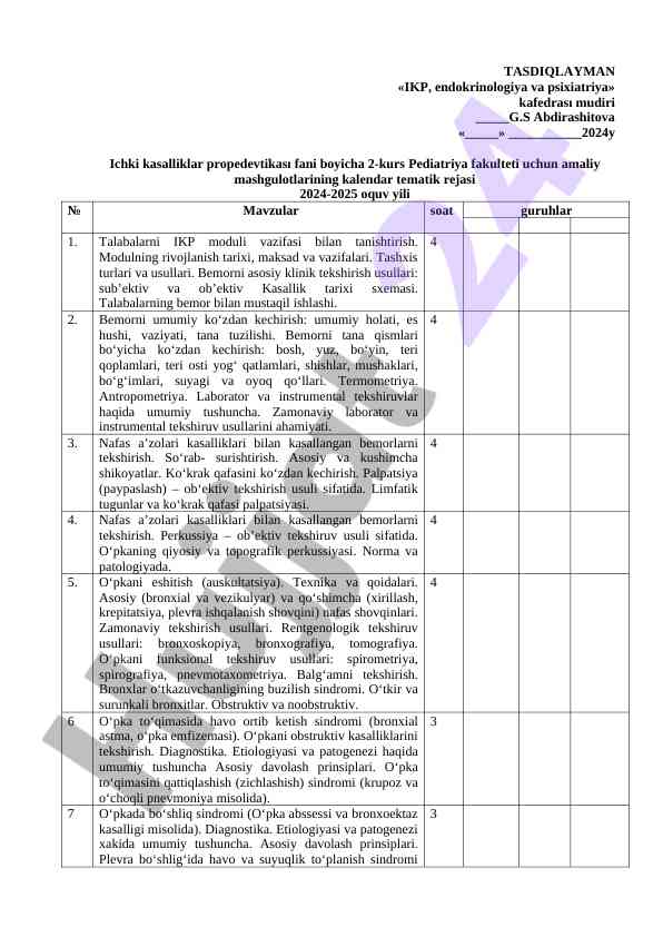 2-kurs pediatriya fakulteti uchun amaliy mashgulotlar