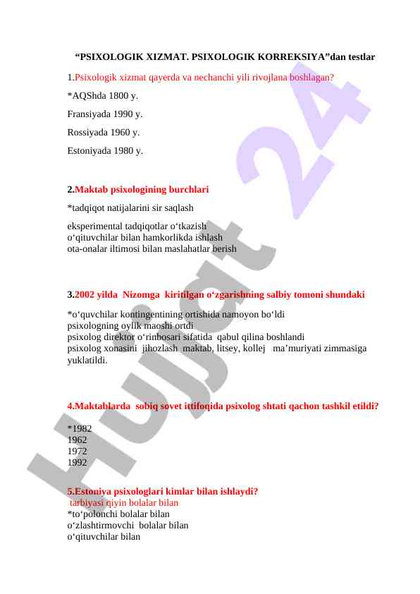 Psixologik xizmat va psixologik korrektsiya testlari