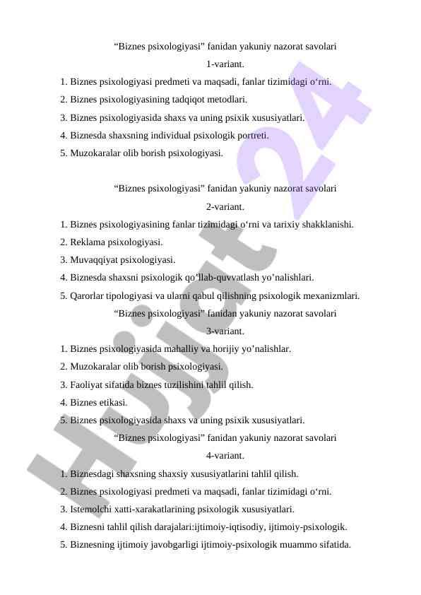 Biznes psixologiyasi fanidan yakuniy nazorat savolari