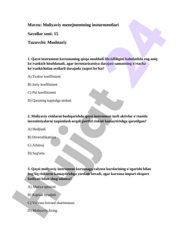 Moliyaviy menejmentning instrumentlari test savollari