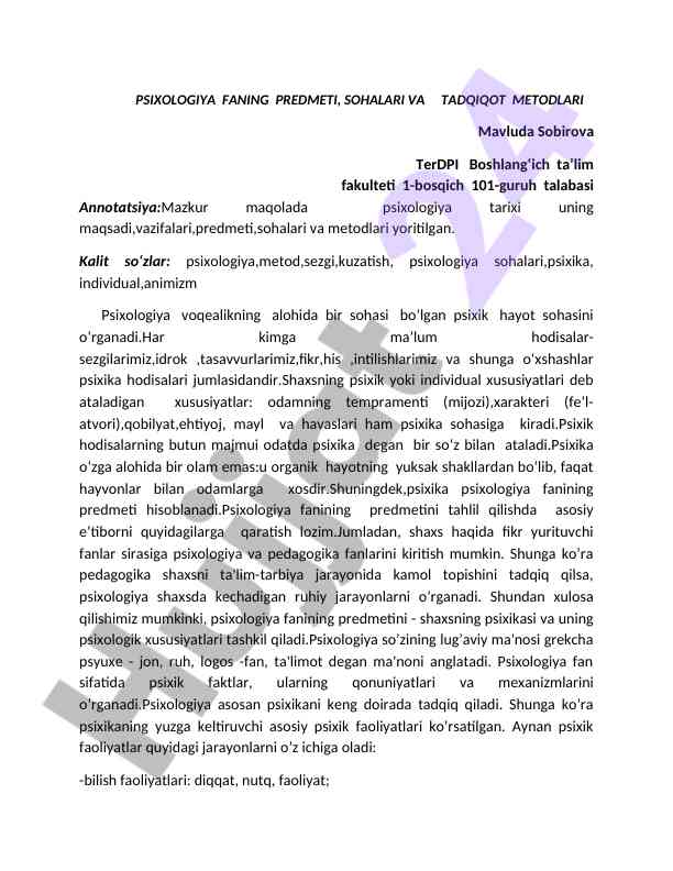Psixologiya fani tarixi va tadqiqot metodlari