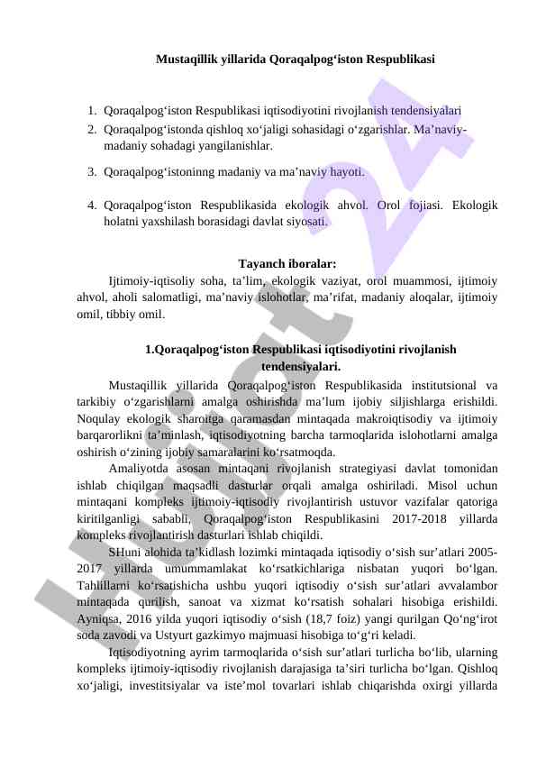 Qoraqalpog‘iston iqtisodiyotidagi rivojlanish tendensiyalari