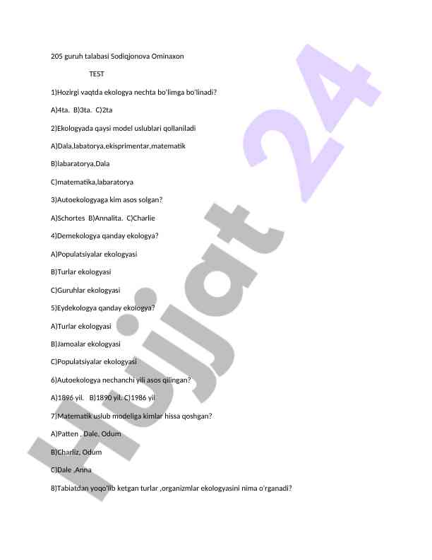 Ekologiya testi savollari va javoblari