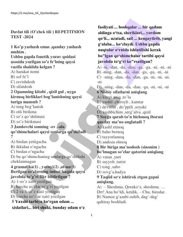 Davlat tili test: o’zbek tili repetitsion test 2024