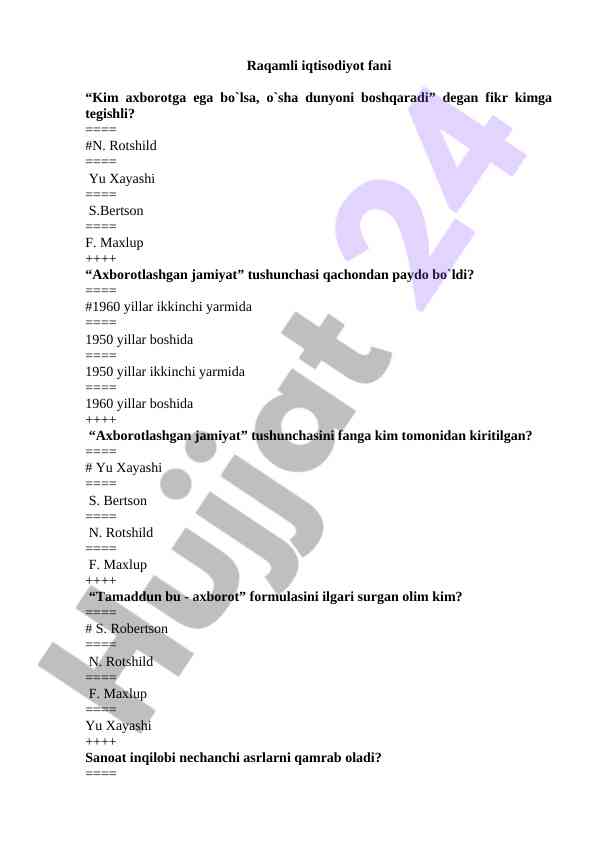 Raqamli iqtisodiyot fani test savollari