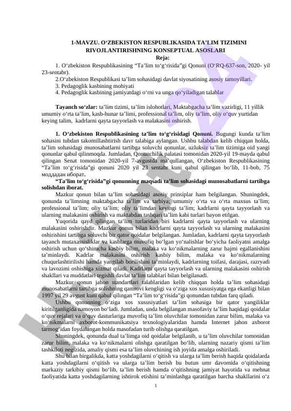 O‘zbekiston respublikasida ta’lim tizimini rivojlantirish