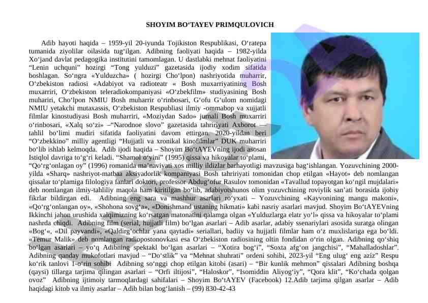 Shoyim botayev ijodi va faoliyati haqida malumot