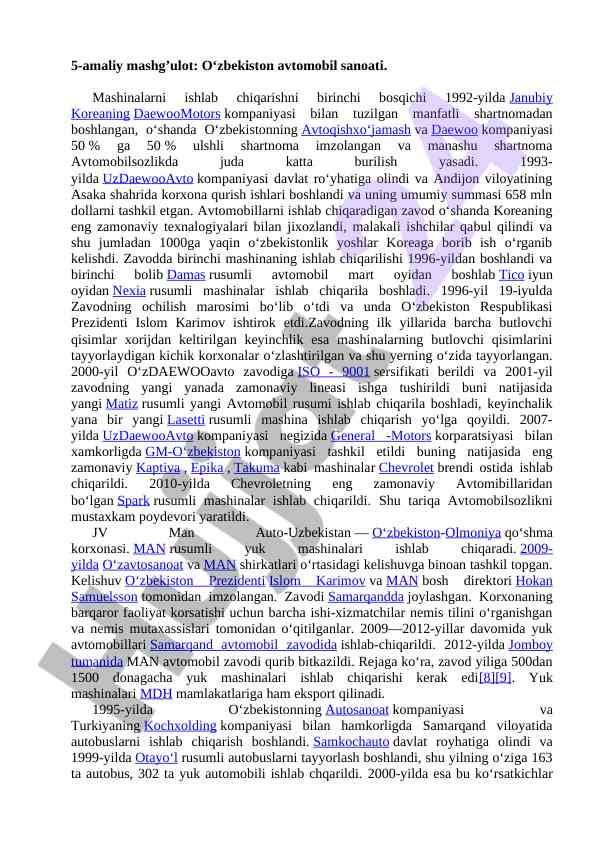 Avtomobil sanoatining o‘sish tarixi o‘zbekistonda
