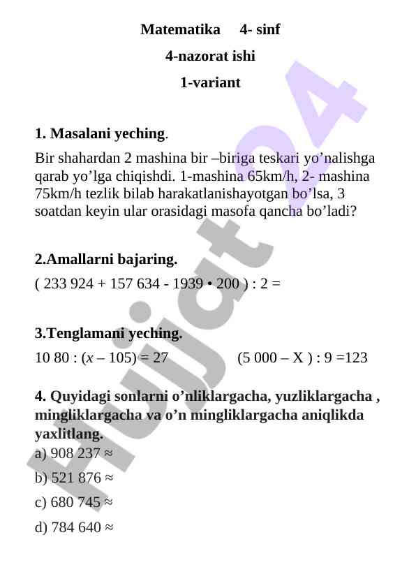 Matematika 4-sinf nazorat ishlari 1 va 2-vanriant