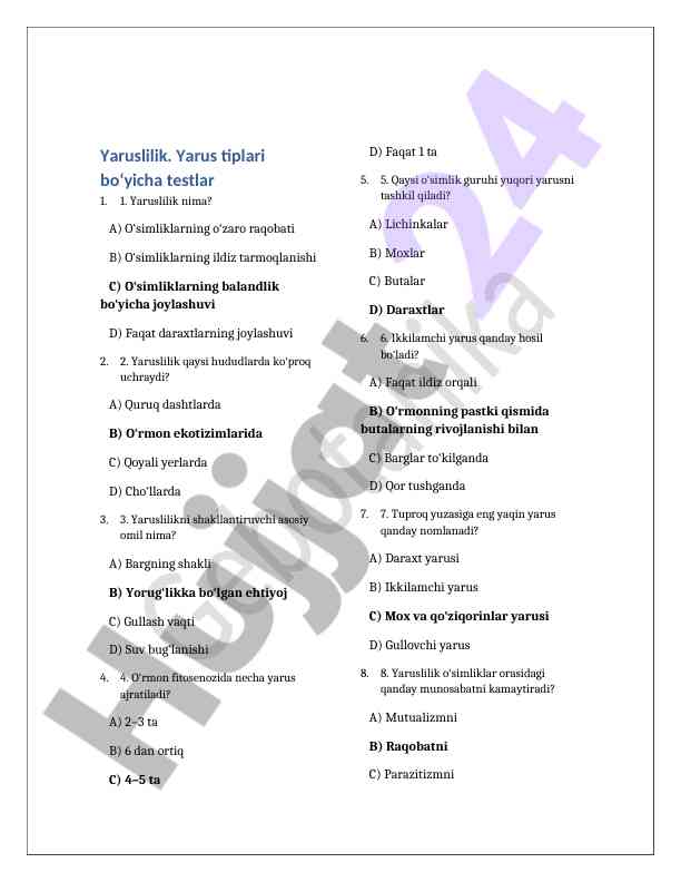 Yaruslilik bo‘yicha testlar va savollar