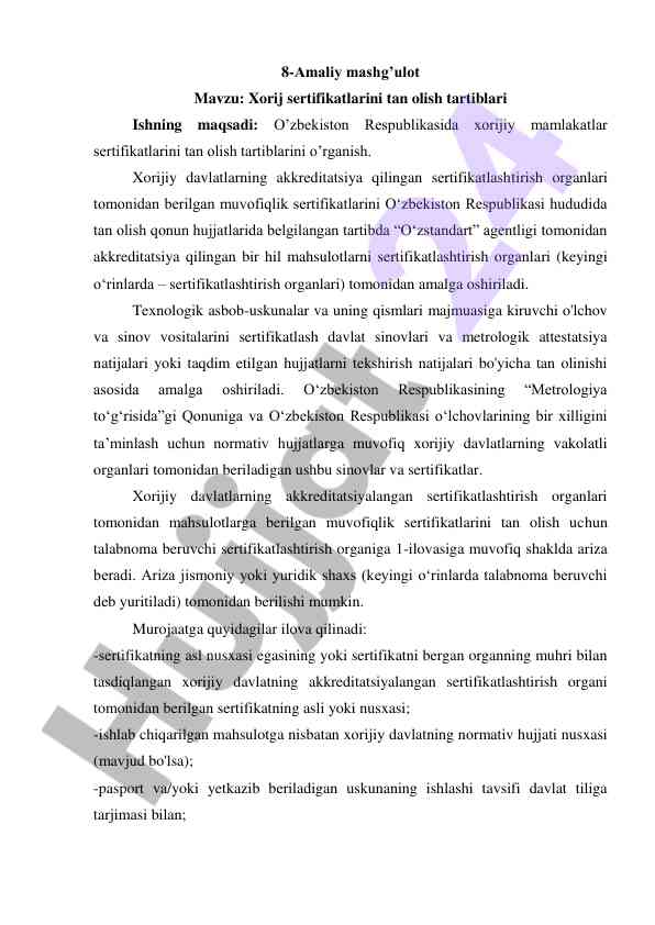 Xorij sertifikatlarini tan olish tartiblari