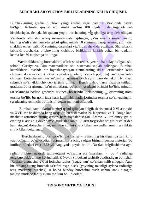 Burchaklar o‘lchov birliklari va ularning tarixi