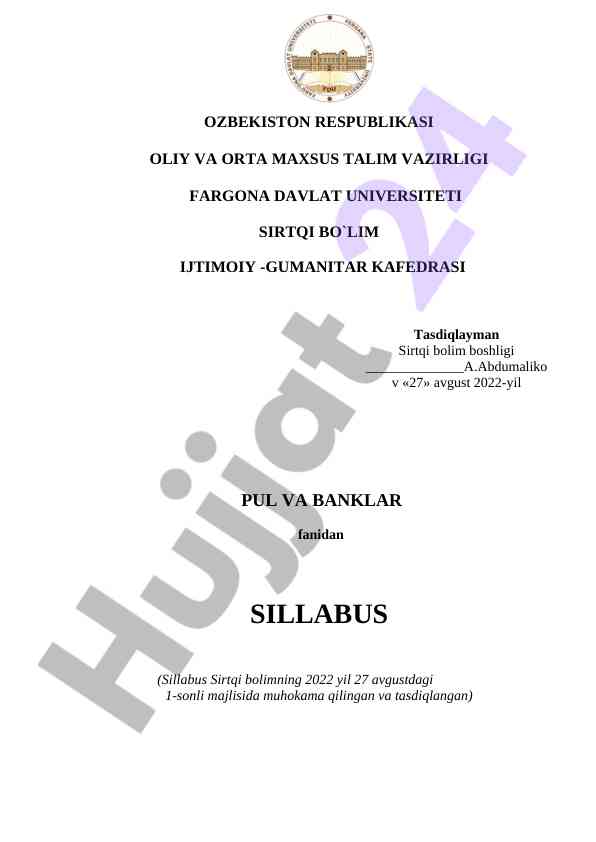 Pul va banklar sillabus kursi 2022 4-semestr