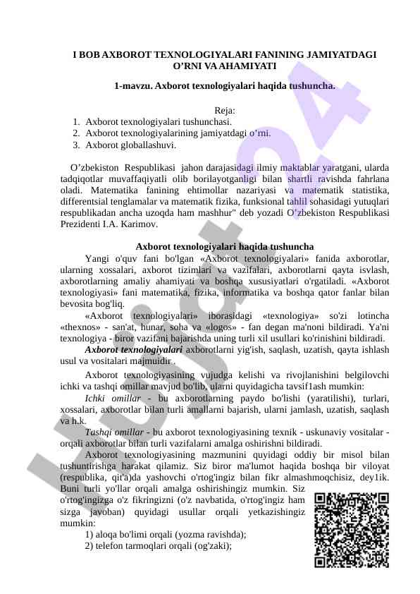 Axborot texnologiyalari fanining jamiyatdagi o'rni
