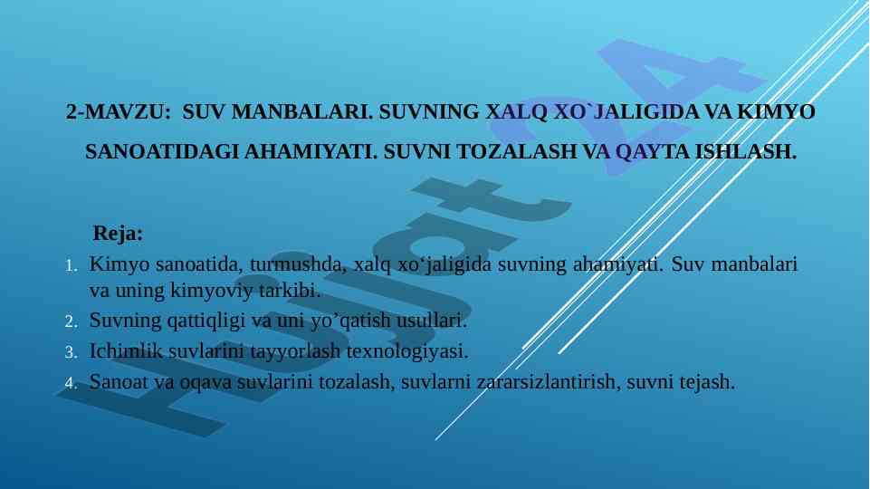 Suv manbalari va ularning ahamiyati kimyo sanoatida