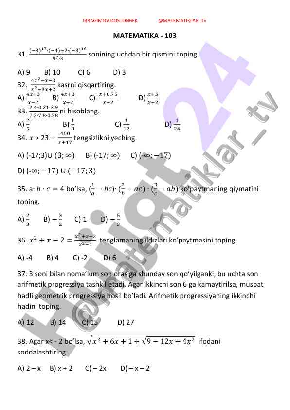 Matematik asosiy masalalar va tenglamalar