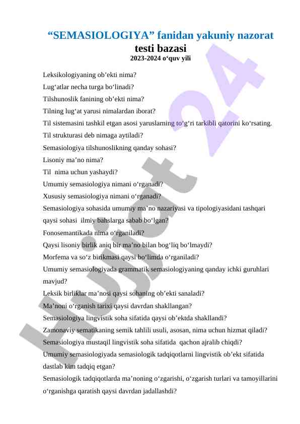 Semasiologiya fanidan yakuniy nazorat testi 2023-2024