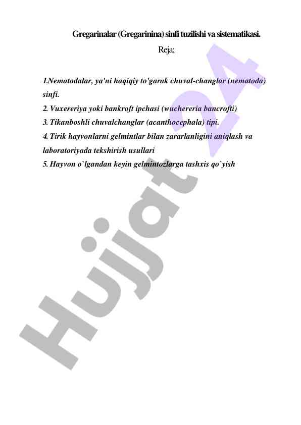Gregarinalar sinfi tuzilishi va sistematikasi
