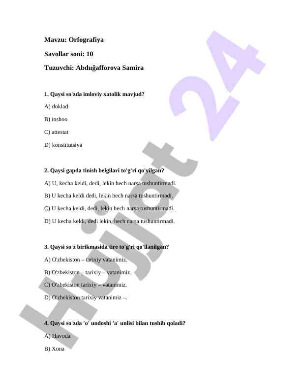 Orfografiya savollari bo'yicha imtihon testi