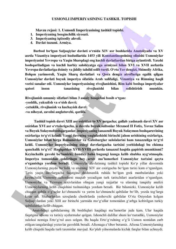 Usmonli imperiyasining tashkil topishi va rivojlanishi