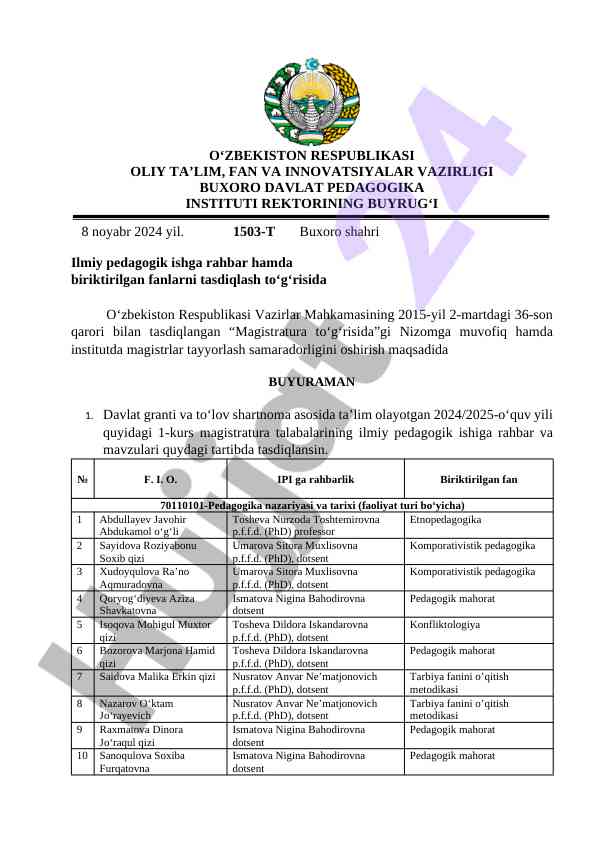 Ilmiy pedagogik ishlar haqida buyruq